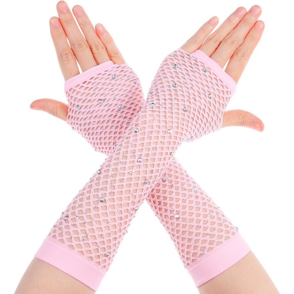 Women's Rhinestone Light Pink Sparkly Halloween Cosplay Fingerless Long Gloves